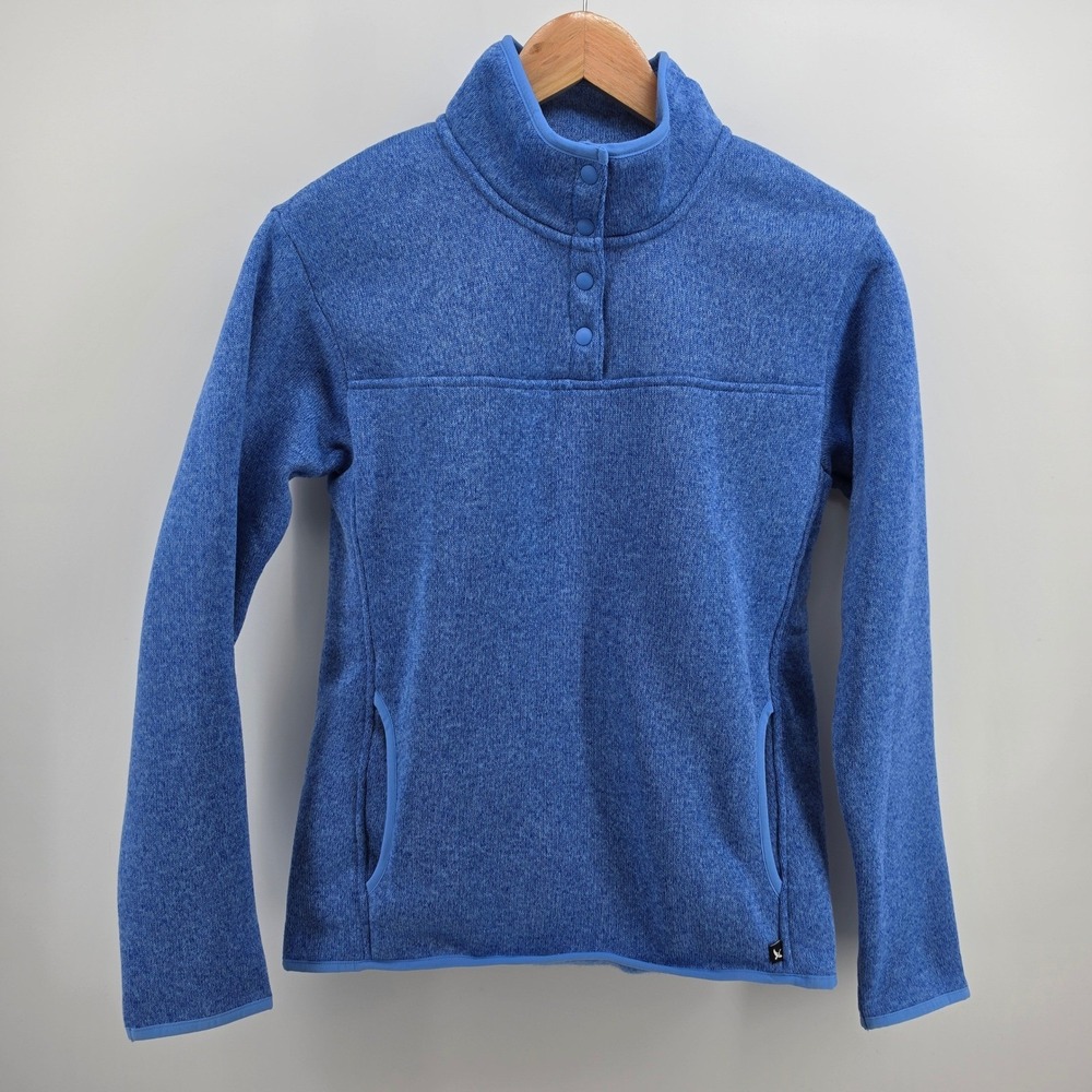 Eddie Bauer Womens Blue Heathered Fleece Snap Mock Neck Pullover Sweater Small